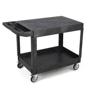 Garvee Utility Service Cart Flat top, 550 LBS Heavy Duty Plastic Rolling Utility Cart with 360°Swivel Wheels (2 with Brakes), 2 Shelves Work Cart Ergonomic Storage Handle for Warehouse Garage