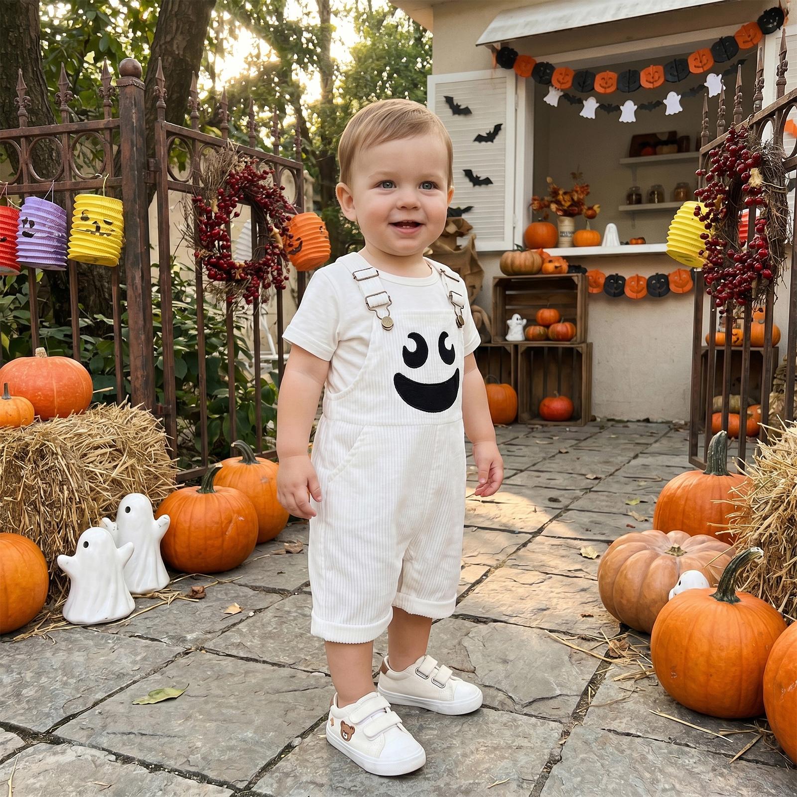 Toddler Corduroy Overalls with Suspenders, Pockets, 2 Ghost/Pumpkin Motifs - Soft Thick Wale, Boy Jumpsuit for Family Gathering, Kindergarten Party Costume