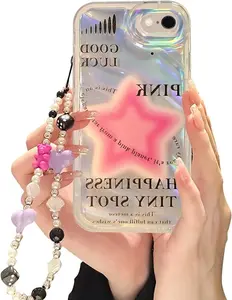 Case for iPhone SE 2022/2020 7/8 ...with Phone Charm/Chain,Sparkly Pink Star Pattern Clear Cute Phone Case with Pearl Love Heart Bracelet,Luxury Bling Women Girl Phone Case for iPhone SE/7/8