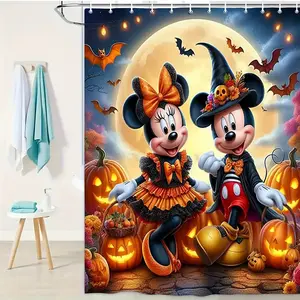 DISNEY CLASSIC Mickey & Minnie Halloween Shower Curtain - Polyester Bathroom Decor with Hooks, Spooky Bats Pumpkins Skulls Design, Machine Washable Bathtub Partition for Modern Bathroom Accessories, waterproof