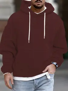 Men's Solid Textured Drawstring Hoodie, Casual Loose Drop Shoulder Long Sleeve Hooded Sweatshirt for Fall & Winter, Men's Clothes for Daily Wear