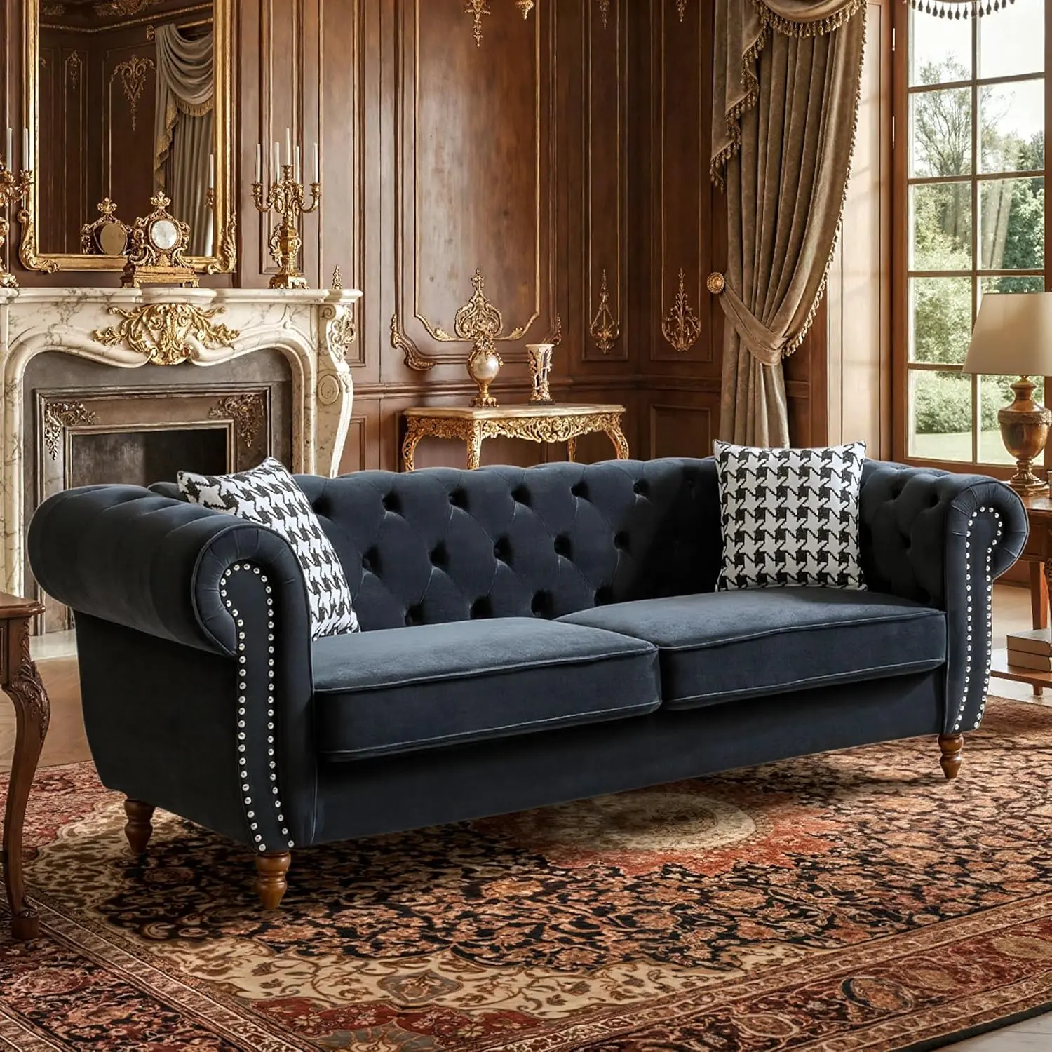 Chesterfield Velvet 3 Seater Sofa Couch, 87" Mid-Century Modern Couch with Roll Armrest & Nailhead Trim, Solid Wood Frame, 450lb Capacity, Chesterfield Couch for Living Room (Black)