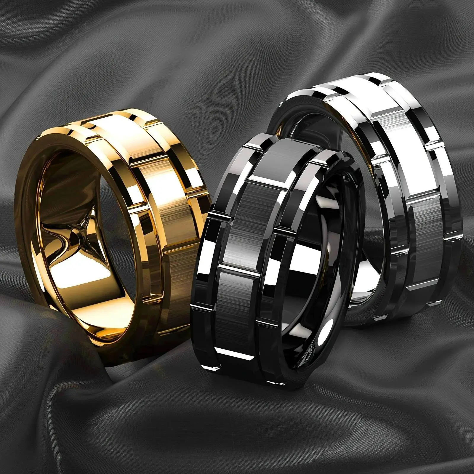 Men's 8mm Black Brushed 100% Stainless Steel Ring - Brick Pattern, Double Grooves, Handmade Polish, Round Band, Vintage Punk Fashion Daily Male Wedding/Anniversary Engagement Jewelry