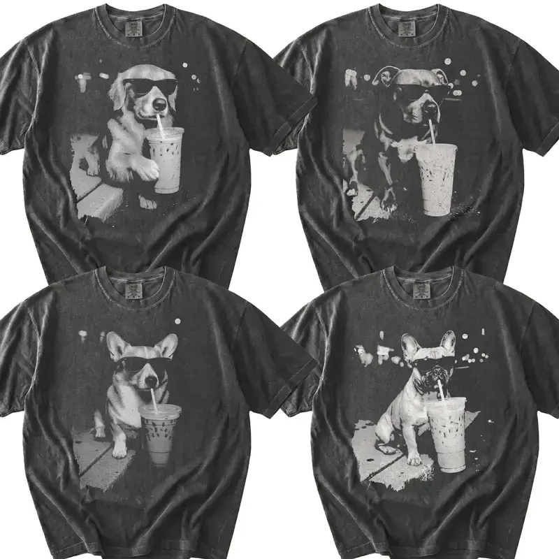 [Sale Up to 50%] Comfort Colors Vintage 50+ Dog Drinking Iced Coffee T-shirt, Funny Dog Shirt, Dog Breeds Graphic Tee, Dog Dad Unisex Tee, Dog Lover Shirt Gift - Felix Rodz Top Womenswear