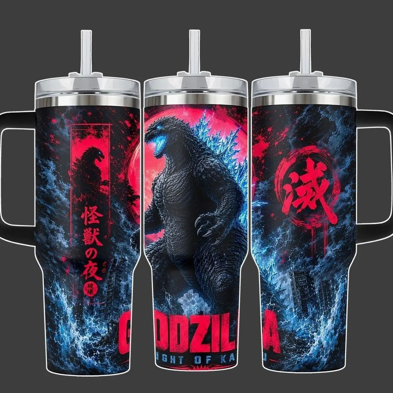 Godzilla Night of Kaiju Monster Tumbler Cup, Blue Red City Destruction Full Wrap Stainless Steel Insulated Tumbler 20oz/40oz With Straw Lid Included, 40oz Handle Option