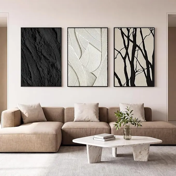 Tribesigns Large Black and White Abstract Wall Art Set of 3, Sandstone Textured Framed Canvas Decor for Living Room, Bedroom & Office