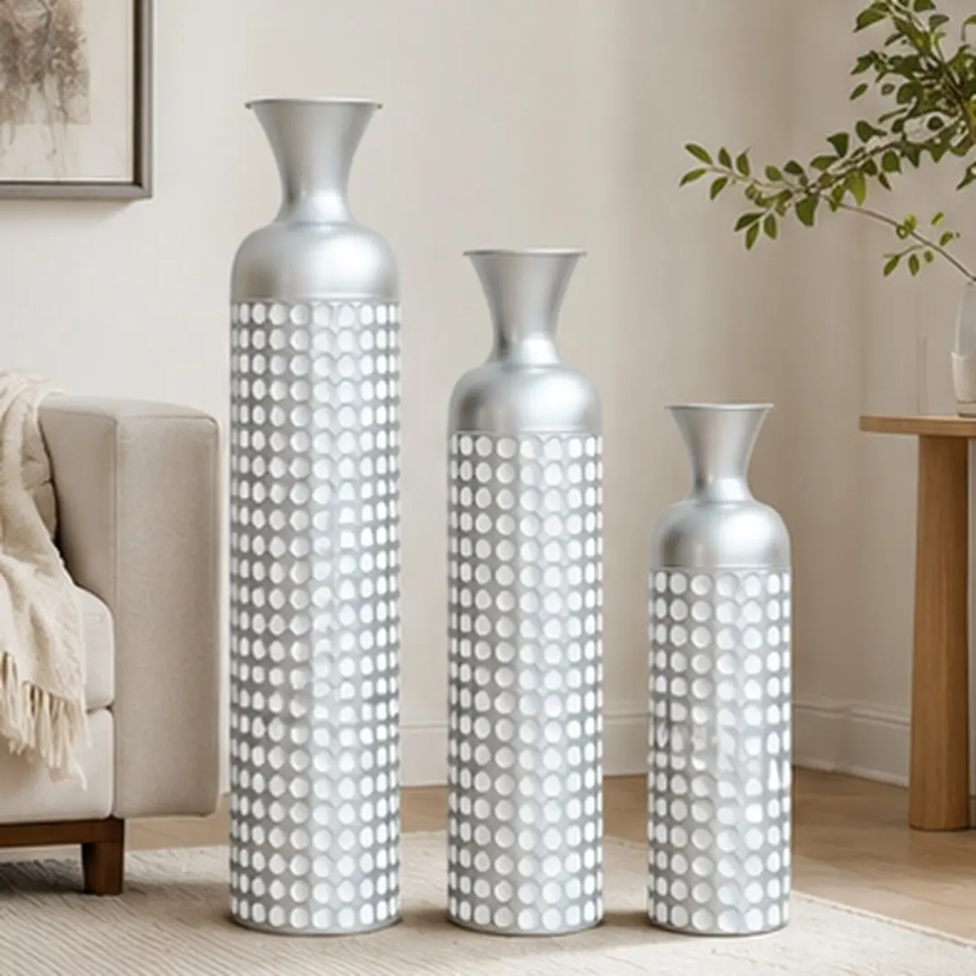 3 Pack Silver Metal Vase Set Nested Semi-Handcrafted Embossed Vases Modern Decorative Centerpieces for Home Floor Living Room Fireplace Entryway Tall Iron Vases Not Waterproof for Dried Artificial Flowers, Vintage Silver Color Options