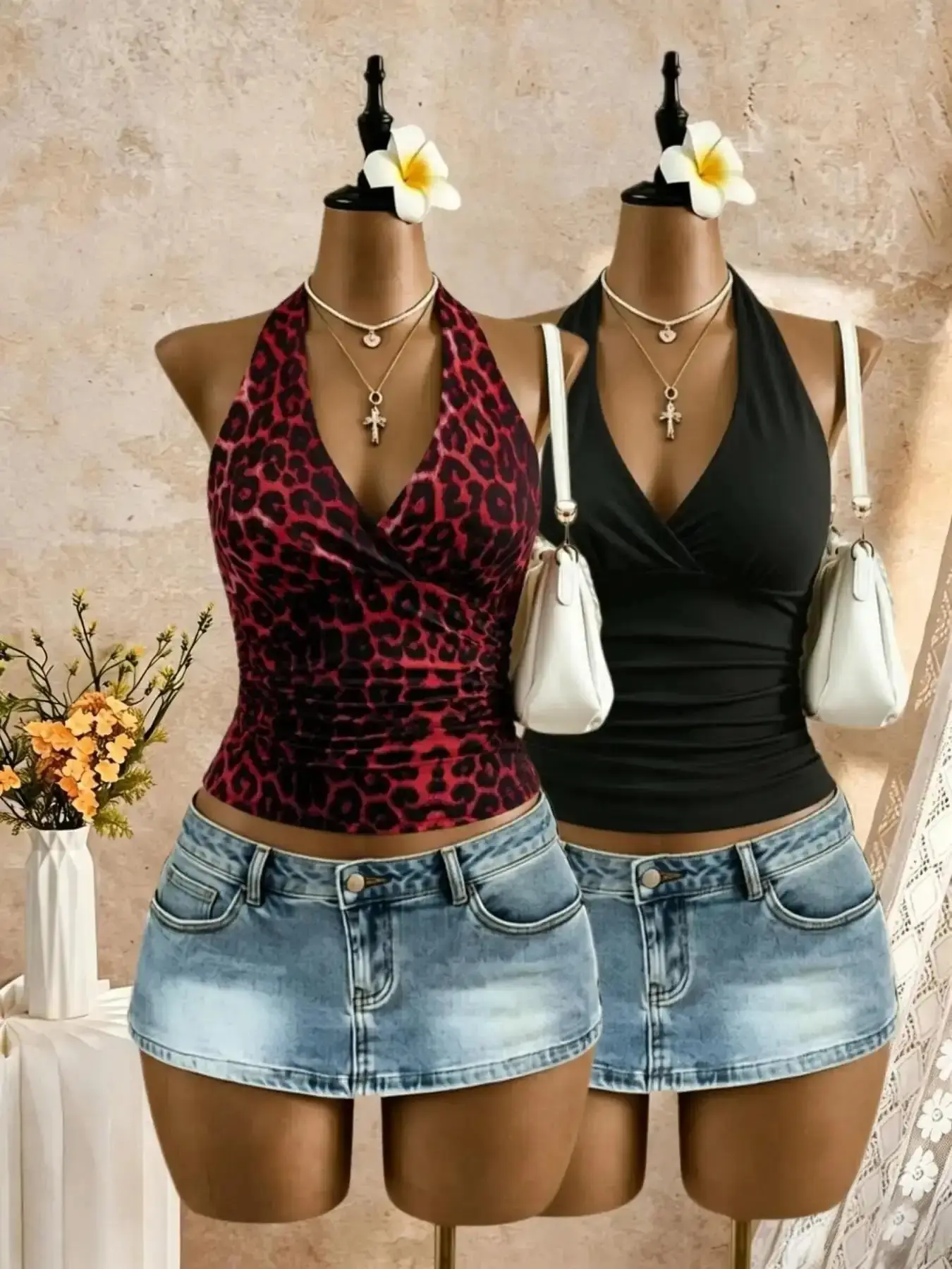 Sleek European and American Leopard Print Plain Dot Casual Chic Halter Backless Tank Top Two-Piece Set, Spring & Fall Fitted Contemporary Style, effortless layering, chic everyday, refined casual
