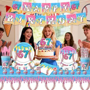 Baseball Donut Ice Cream 67 Theme Birthday Party Decoration Disposable Plates Tablecloth Balloon Donut Background Party Supplies