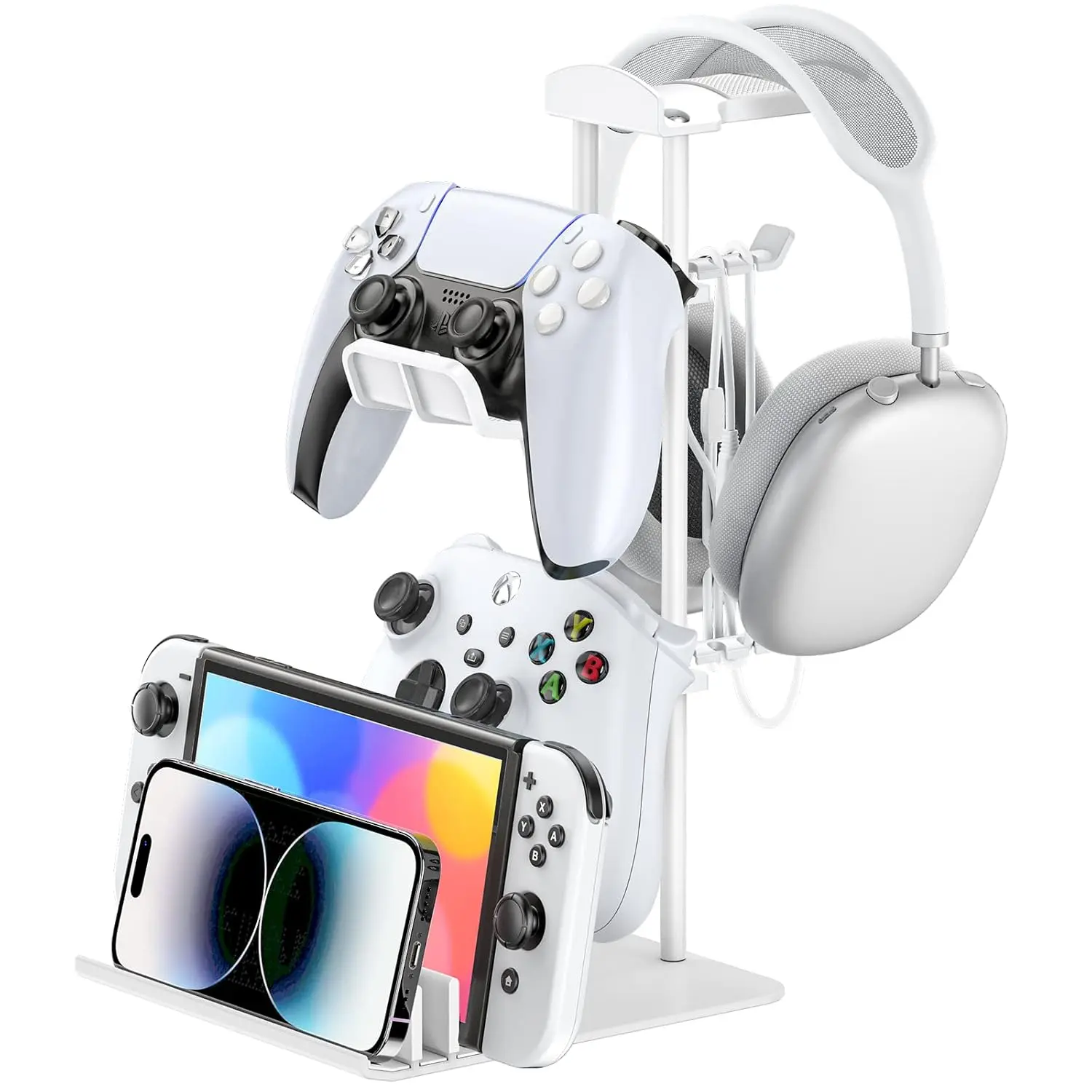 Headphone Stand, Controller Holder & Headset Holder for Desk, Earphone Stand with  Supporting Bar, Universal Storage Organizer Headphones/Controller//Mobile Phone(White)