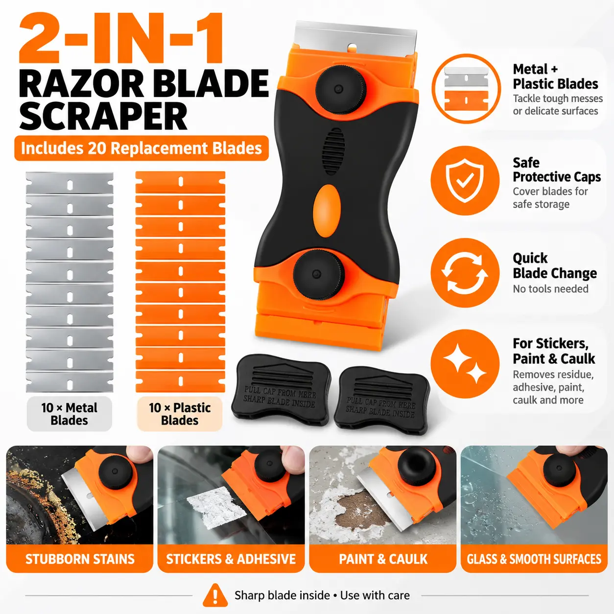 2-in-1 Razor Blade Scraper Tool with 20 Replacement Blades, Double-Edged Multi-Purpose Scraper for Glass, Decals, Stickers, Labels, Caulk, Adhesive, Paint & Residue Removal