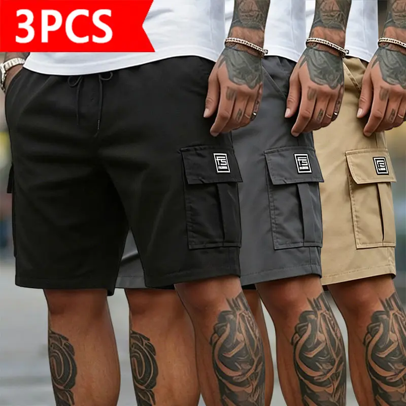 Men’s quick-dry cargo shorts 3-pack, lightweight multi-pocket casual shorts with elastic drawstring waist, loose fit work shorts suitable for outdoor hiking, daily commuting, and street fashion; colors: black, gray, khaki, army green, dark blue; men’s clo