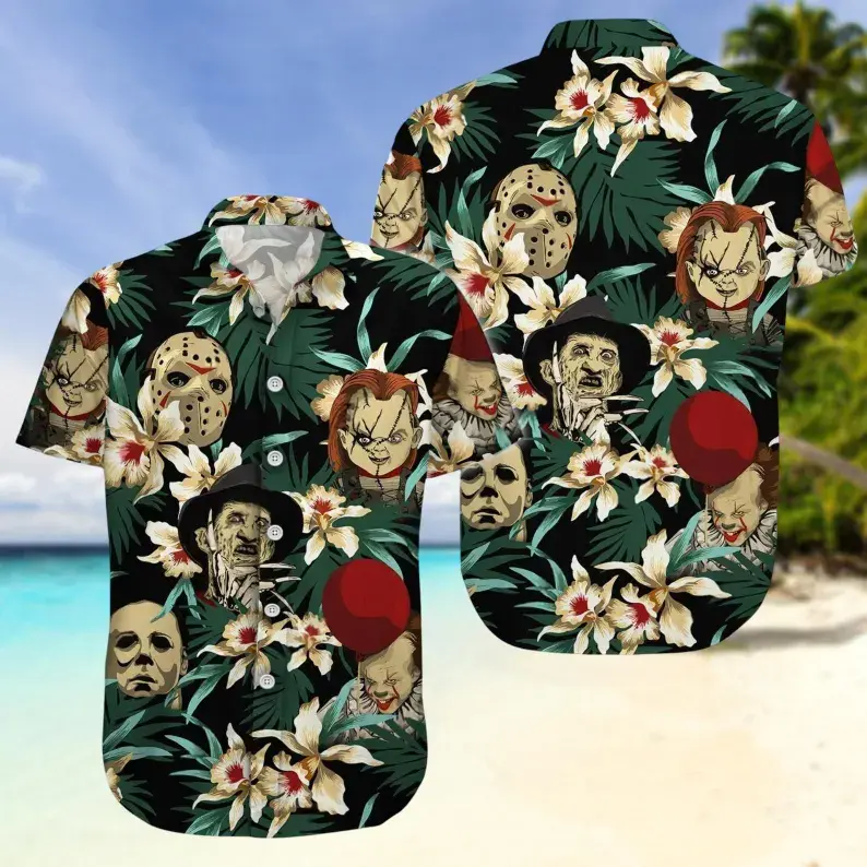 Horror Movie Hawaiian Shirt Men Spooky Halloween Button Down Shirt Tropical Scary Beach Vacation Aloha Shirt
