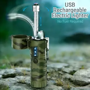 Usb Rechargeable Dual-Arc Electronic Lighter Features A 360° Rotating Neck, A Built-In Flashlight, And Is Windproof And Flameless. Ideal For Outdoor Camping, Barbecues, And Candle Lighting, It's A Suitable Outdoor Tool And Gift For Both Men And Women
