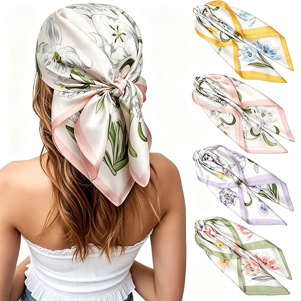 4PCS 27.5 Inch Silk Feeling Square Head Scarf Satin Square Head Scarves for Women Hair Bandanas Head Kerchief
