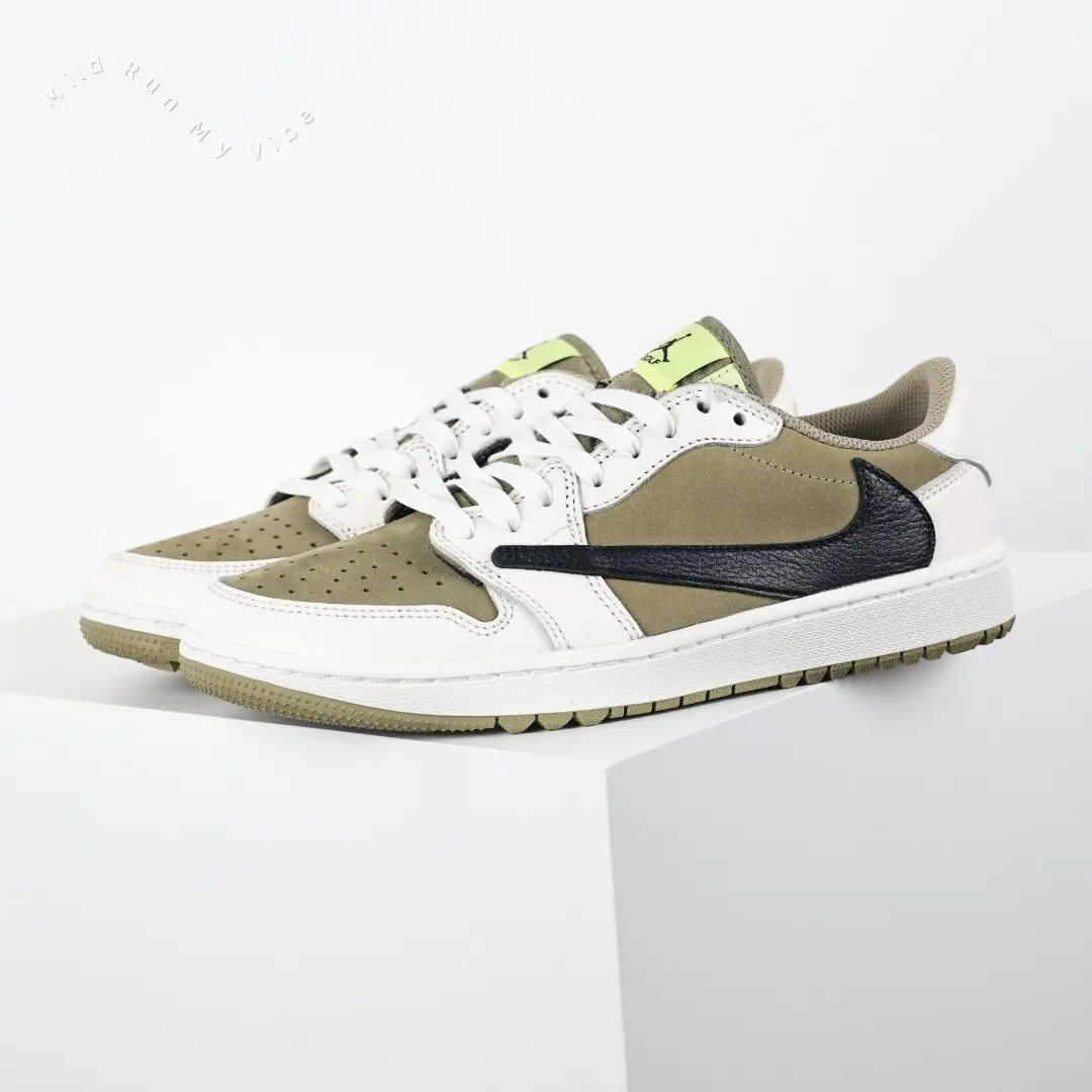 Off White Smooth Leather Olive Green Suede Low Top Retro Skate Sneakers Black Inverted Swoosh Logo Matching Olive Rubber Outsole Two Tone Outdoor Casual Flat Footwear Unisex Daily Lifestyle Shoes