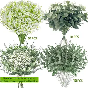40 Mixed Eucalyptus Leaf Artificial Flowers, Realistic Plastic Bouquets, Plant Stems, Wedding Decor, Home Decoration