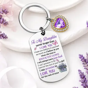 To My Daughter Keychain - Inspirational Love Quote Gift for Daughter, Stainless Steel Key Tag with Purple Heart Charm, Birthday/Christmas Gift from Mom/Dad