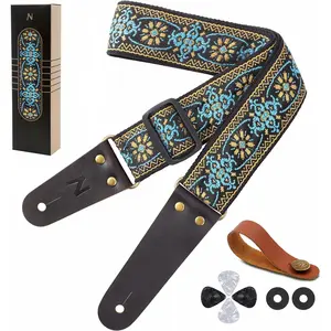Guitar Strap, Embroidered Cotton Guitar Straps with  Cowhide Leather Ends for Bass, Electric & Acoustic Guitars, Free Strap Button, 1 Pair Strap Locks and 4 Guitar Picks
