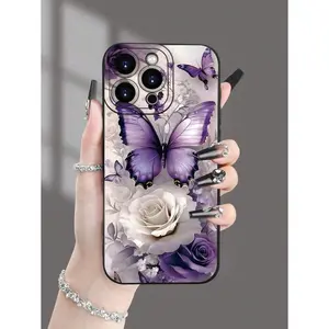 Fashionable Purple Butterfly And Rose Pattern Design Theme Luxury Shockproof Aesthetic Cute Phone Case ,Suitable For IPhone17/IPhone17 Air/IPhone17 Pro/IPhone17 Pro Max/16 Pro Max/15 Pro Max/14 Pro Max/13 Pro Max/12 Pro Max/11 Pro Max