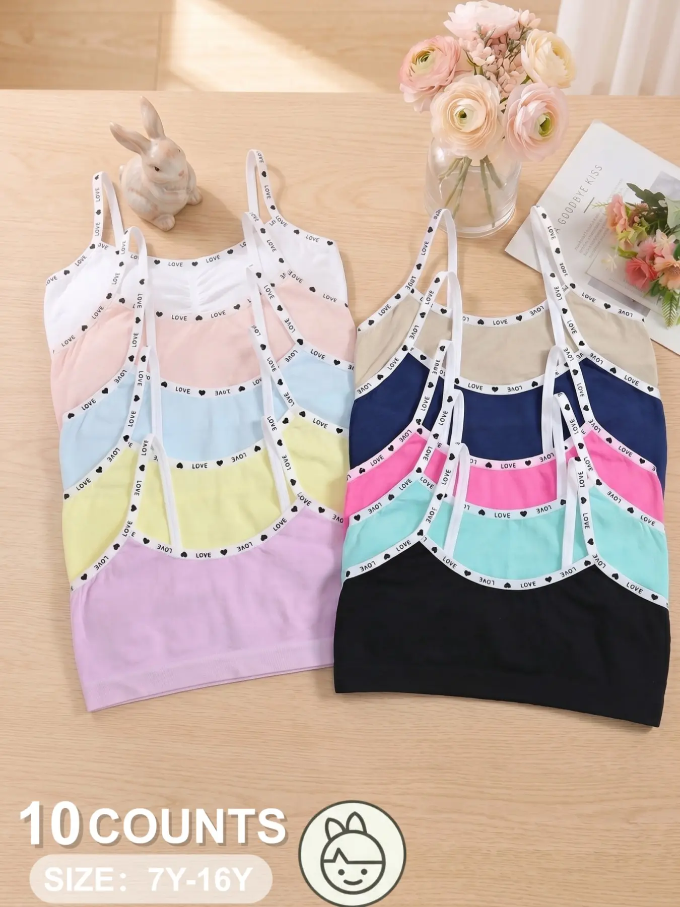 1/4/6/10 Pack Simple Basic Girl Bra Set, Letter Webbing Seamless Design, Soft High Elastic, 7-16 Years Old Student Daily Non-Wire Underwear