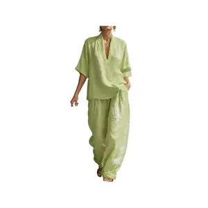 Women’s Luxury Airy Polyester Spandex Matching Sets|   Loose V-Neck Blouse & Palazzo Pants |   2026 Summer Resort Street Style,summervibes set 2 piece plus size