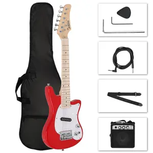 Flower Dance 30in Maple Fingerboard Mini Electric Guitar Kit with 5W Amplifier Bag String Shoulder Strap Plectrum Cord Wrench Tool Red Right Handed Basswood Body 21 Frets 5.61 lb