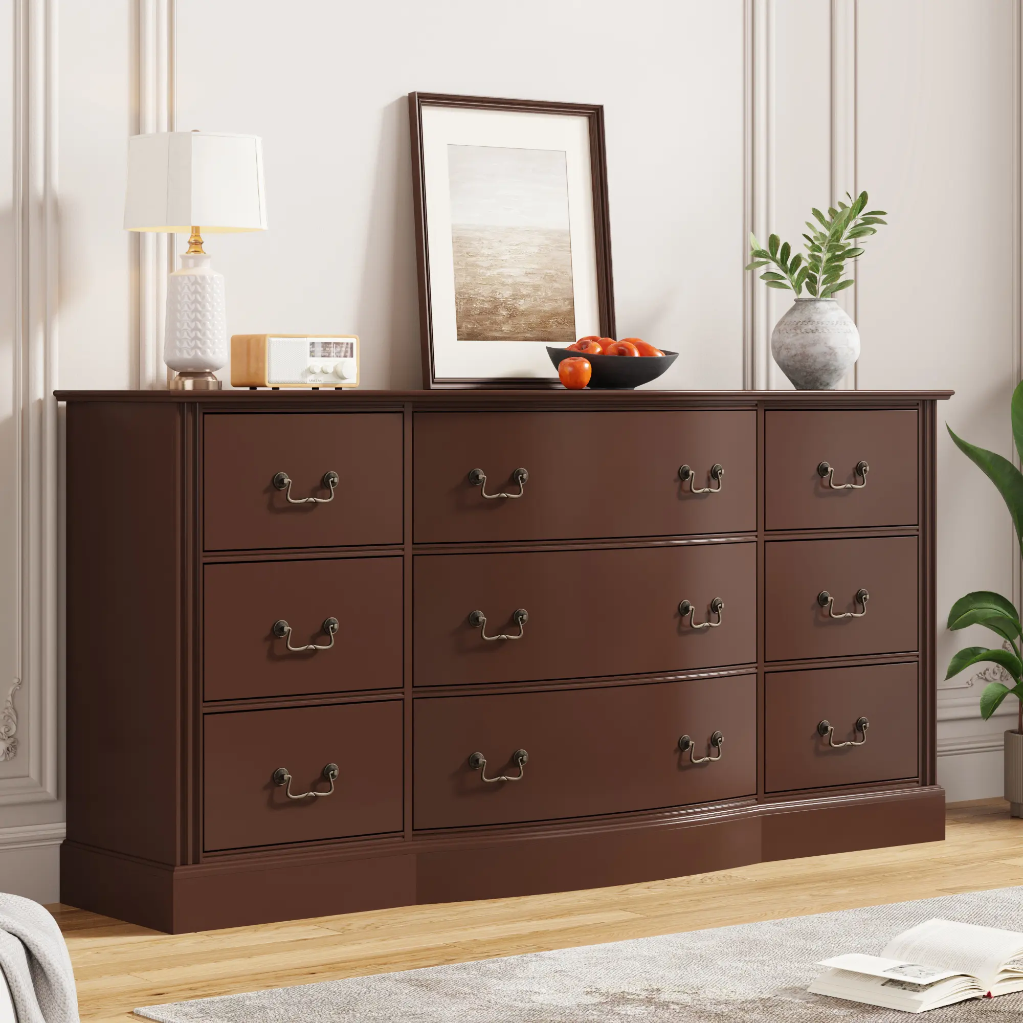 63" Wide Mid-Century Modern Wooden 9-Drawer Dresser - Curved Design Chest with Vintage Handles, Farmhouse Storage Unit for Bedroom, Living Room