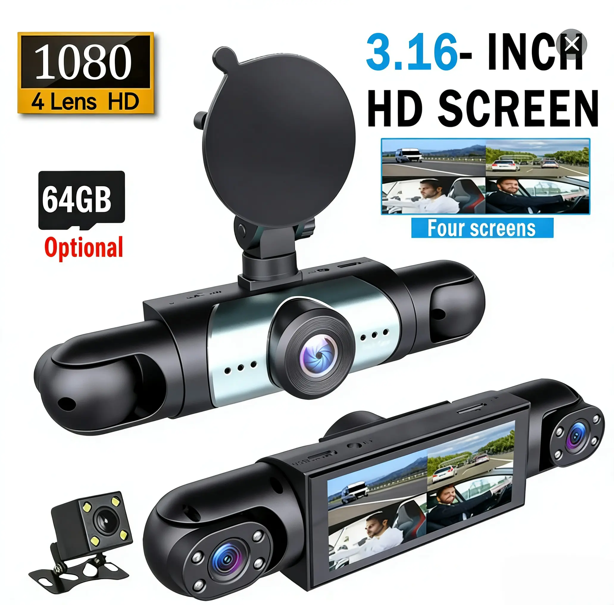 4-Channel Plug-in Car Dash Cam for Driving Safety - 270°View, Comprehensive Coverage, Continuous Surveillance, Night Vision, 24/7 Recording, Parking Mode Monitor, 256GB Optional, Front Rear Inside Camera (Not Wireless, Requires Charging)