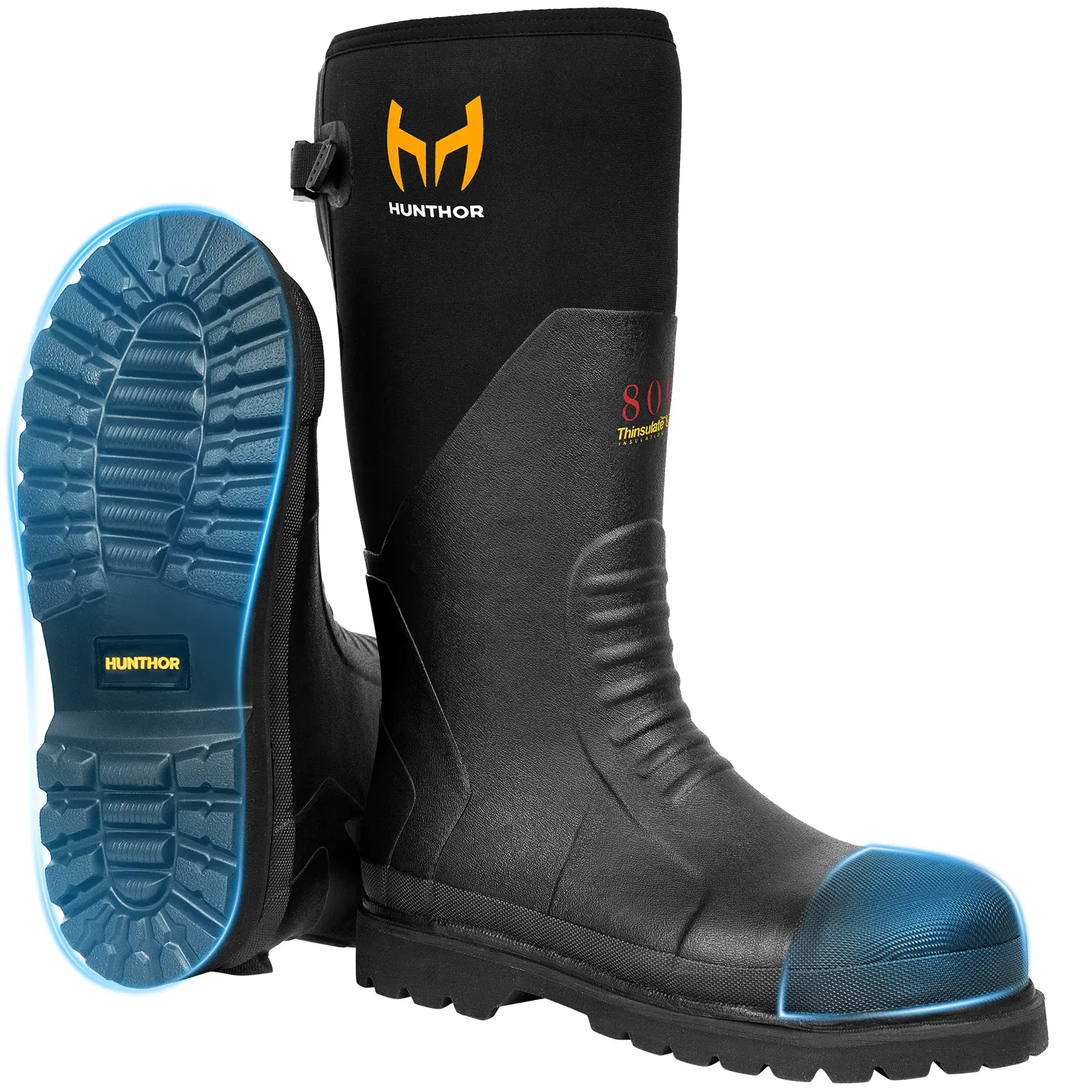 Rubber Work Boots with 800g Insulation, Puncture-Proof Steel Toe & Shank, Lightweight EVA Outsole Waterproof Insulated Neoprene Hunting Boots for Farming, Construction and Manufacturing (Size 6-14)