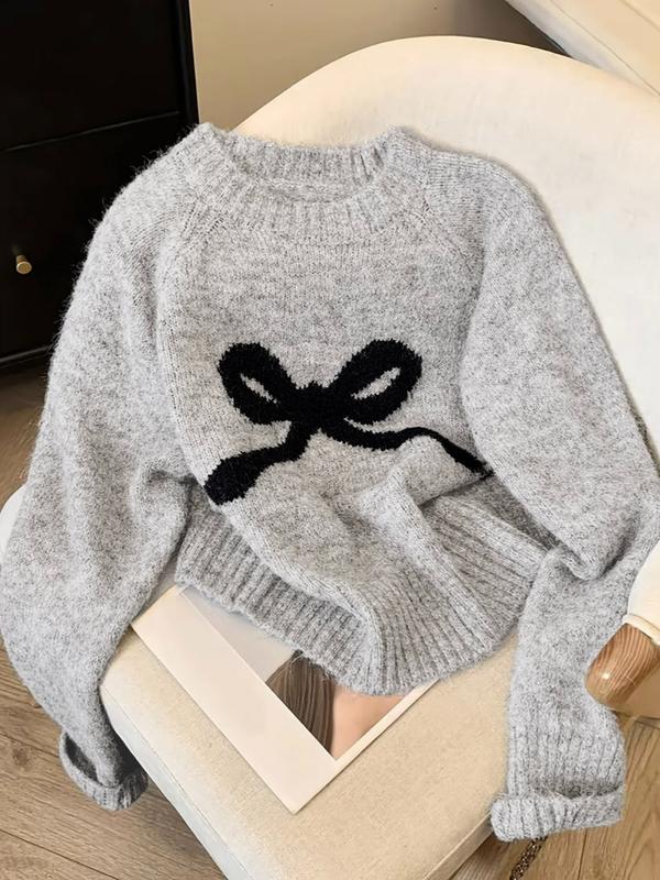Elegant Women's Loose Bow Embroidered Moire Sweater, Casual Round Neck Long Sleeve Knitwear, Spring & Fall Fashion Elegant Women's Loose Bow Embroidered Moire Sweater, Casual Round Neck Long Sleeve Knitwear, Spring & Fall Fashion