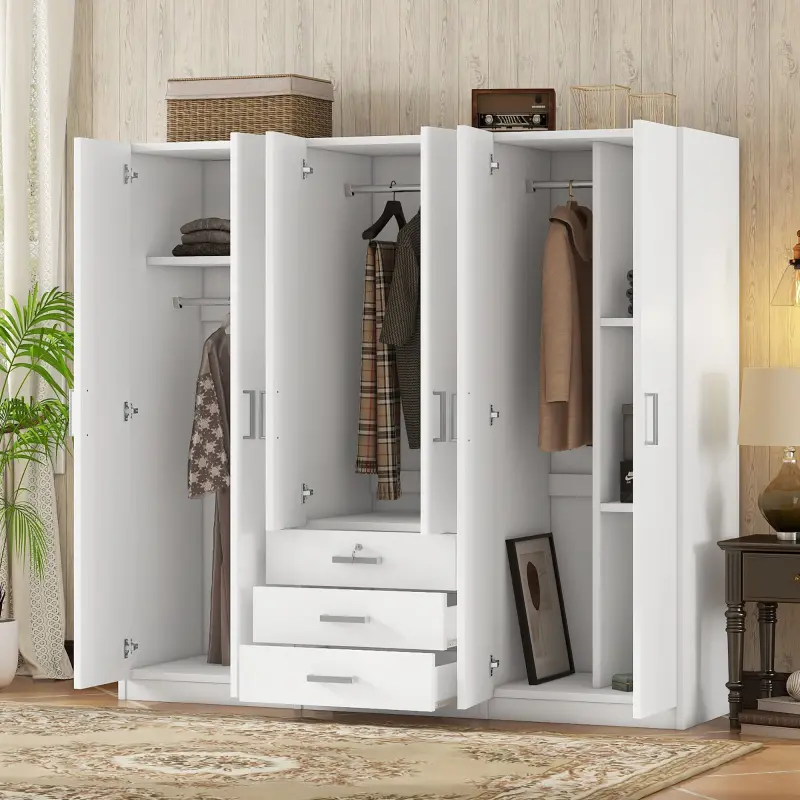 6-Door Wooden Freestanding White Wardrobe Cabinet, Tall Bedroom Armoire with 3 Big Drawers, Hanging Rails, Shelves, Multi-Purpose Clothes Storage for Bedroom, Garage, Wooden Freestanding Wardrobe