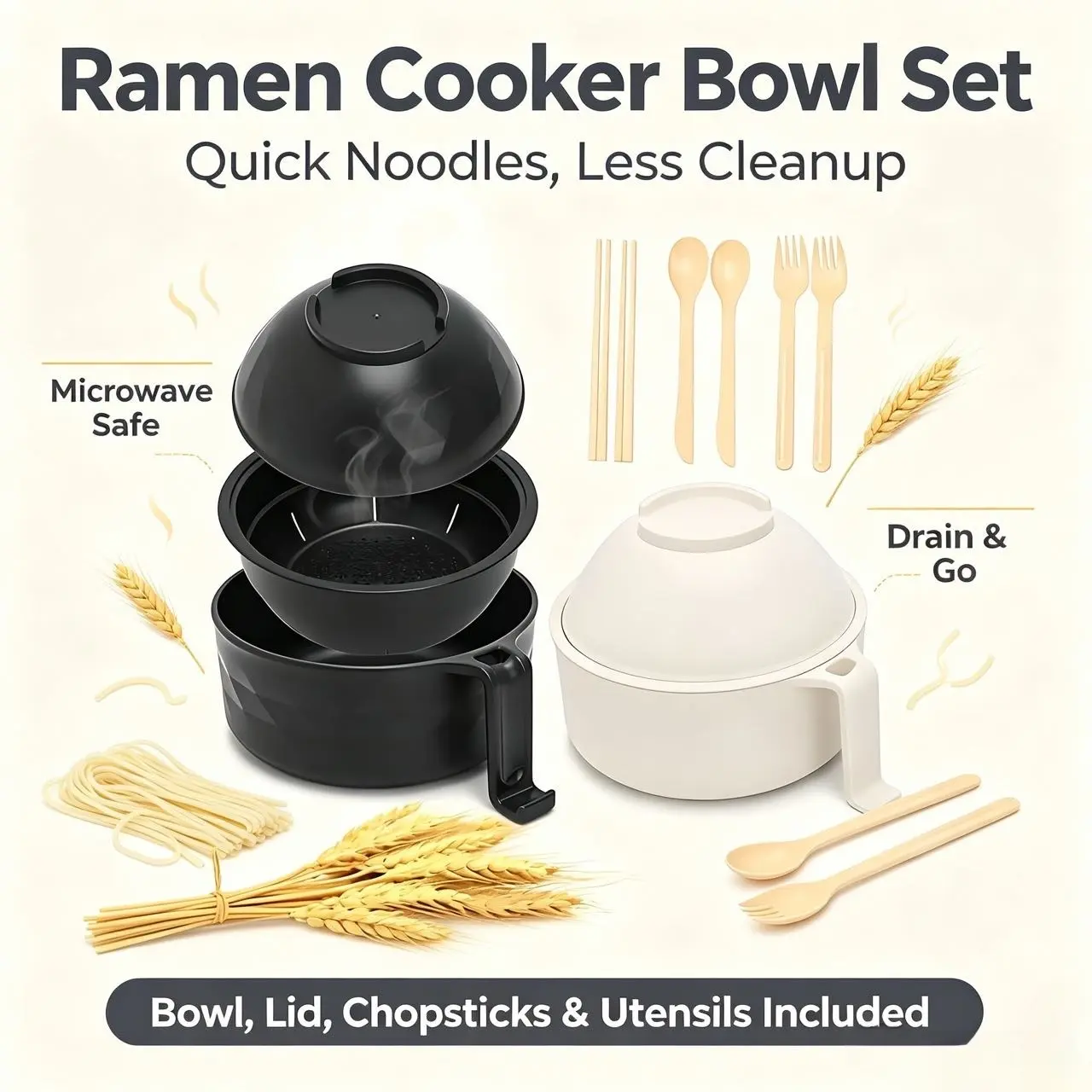 33oz 3-Part Acrylic Ramen Bowl Containers with Lid - Microwave-Safe Kitchen Tableware Kit, Includes Fork, Spoon, Chopsticks, Phone Stand Compatible for Meal Prep Microwave Lamian Noodles Cookware Set