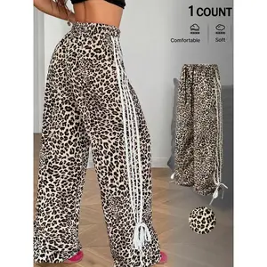 Women's Leopard Print Sweatpants Side Stripe Wide Leg Pants Y2K Streetwear Baggy Trousers with Bow Hem，Trendy Leopard Print Track Pants High Waist Loose Fit Casual Joggers Soft Comfy Lounge Trousers for Women，Hip Hop Street Dance Bottoms Fashion