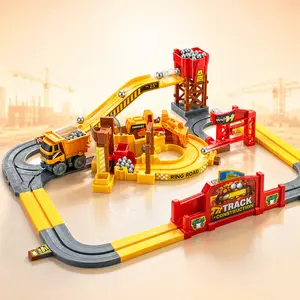 Construction Track Set for Kids, Engineering Truck Rail Playset with Electric Conveyor Belt, Dump Truck & Rock Loading Station, Construction Vehicle Toy for Boys Girls