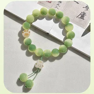 Small green lime cat paw bracelet, high aesthetic value bracelet for women, hand-twisted soft bracelet, hand-held green and pink natural raw stone handmade bracelet