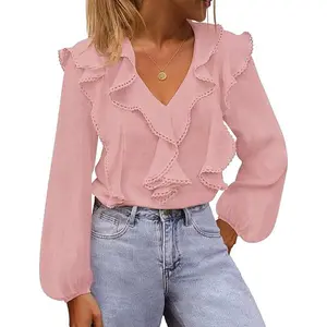 MEROKEETY Women's Fall Long Sleeve Ruffle Blouse Dressy Casual Top V Neck Trendy Business Work Shirts 2025
