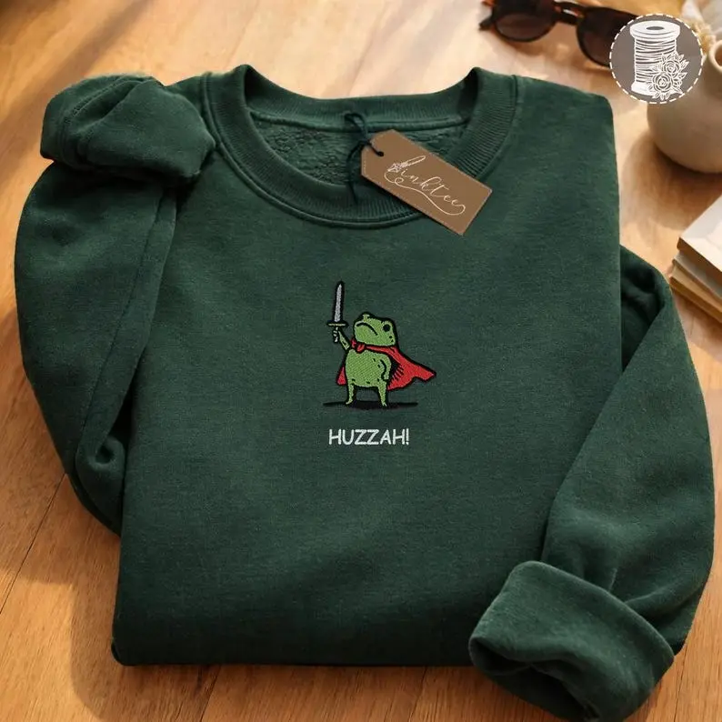 "Hooray for the Sword-Wielding Frog" T-shirt, Humorous Embroidered Frog T-shirt, D&D Frog T-shirt, Renaissance Frog T-shirt, Fantasy Embroidered T-shirt