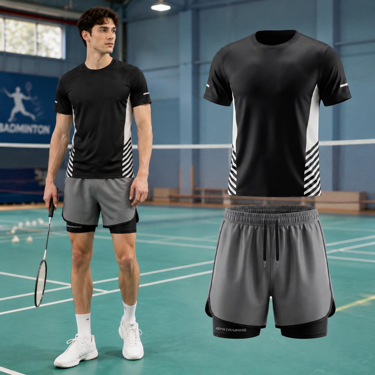 Men's 2-Piece Polyester Plain Workout Set - Quick Dry Gym T-Shirt, 2-in-1 Athletic Shorts with Liner & Phone Pocket for Running, Training