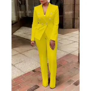 Women's 2-Piece Long-Sleeve Fitted Elegant Color Coordinated Suit - High-Waisted Pants Set, Minimalist Basic Commuter Clothes for Ladies