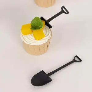 100-Pack Plastic Dessert Spoons 4.5" Black Mini Shovel Design - Disposable Ice Cream Spoons