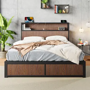 Queen Size Bed Frame with 2-Tier Storage Headboard, Retro Fluted Platform Bed with 4 Storage Drawers and Charging Station, Natural Wood