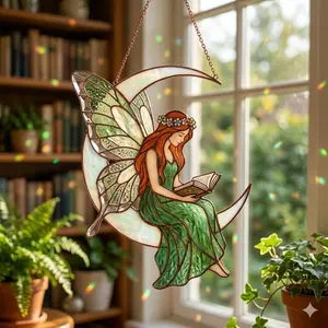 Moon Reading Fairy Window Suncatcher, Fantasy Hanging Decor ‍️