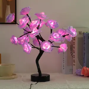 Rose Flower Tree Lamp - LED Rose Tree Table Lamp USB/Battery Powered Artificial Flower Night Light for Bedroom Living Room Wedding Birthday (Purple)