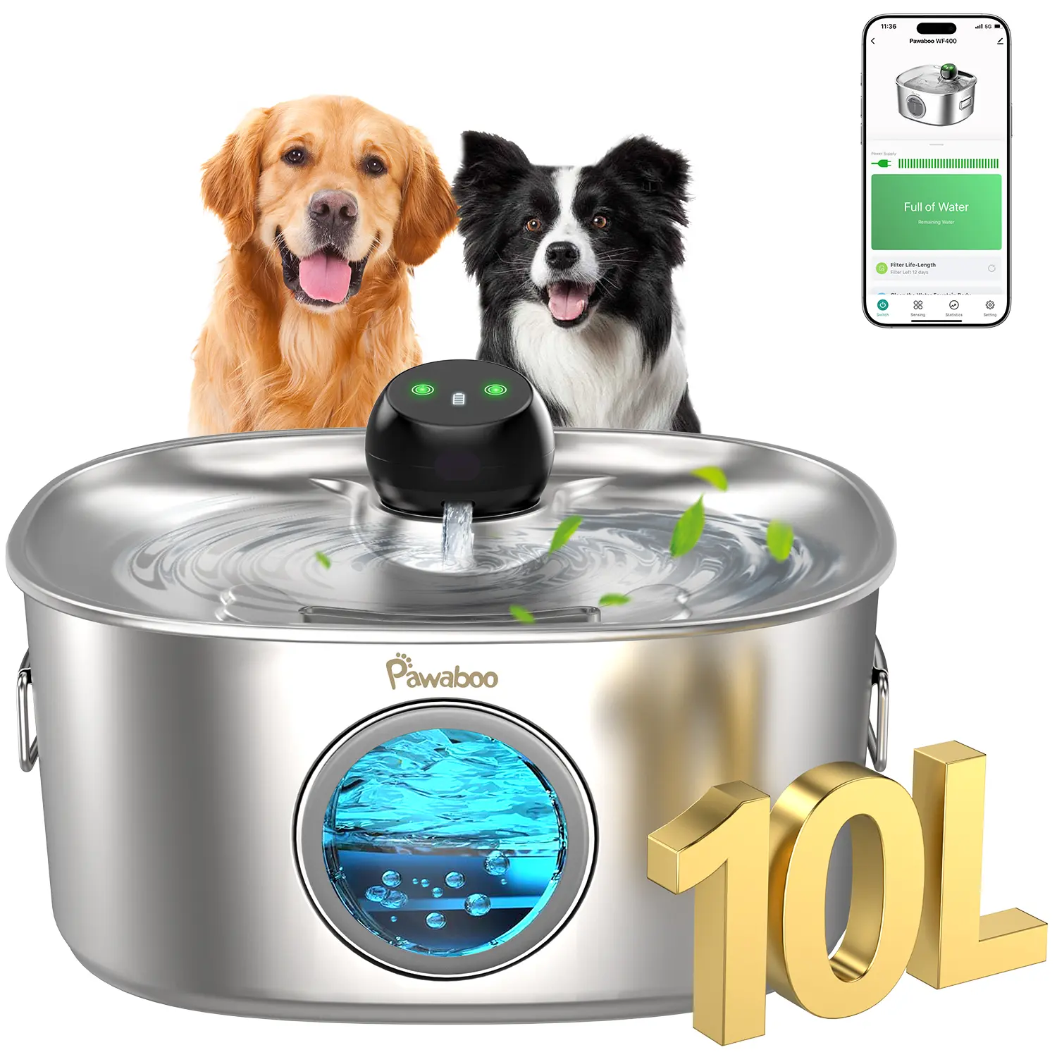 Pawaboo Stainless Steel Dog & Cat Water Fountain for Large Dogs and Cats | 10L /2.64Gal Cordless Dog Water Bowl Dispenser with 2.4G WiFi, Multi-filtered, Ideal for Multi-Pet Homes
