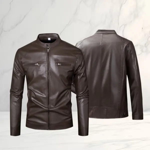 Men’s classic minimalist stand collar leather jacket—basic, versatile, and comfortable; wear resistant with refined craftsmanship; smooth stand collar zipper design for everyday casual styling across multiple occasions.
