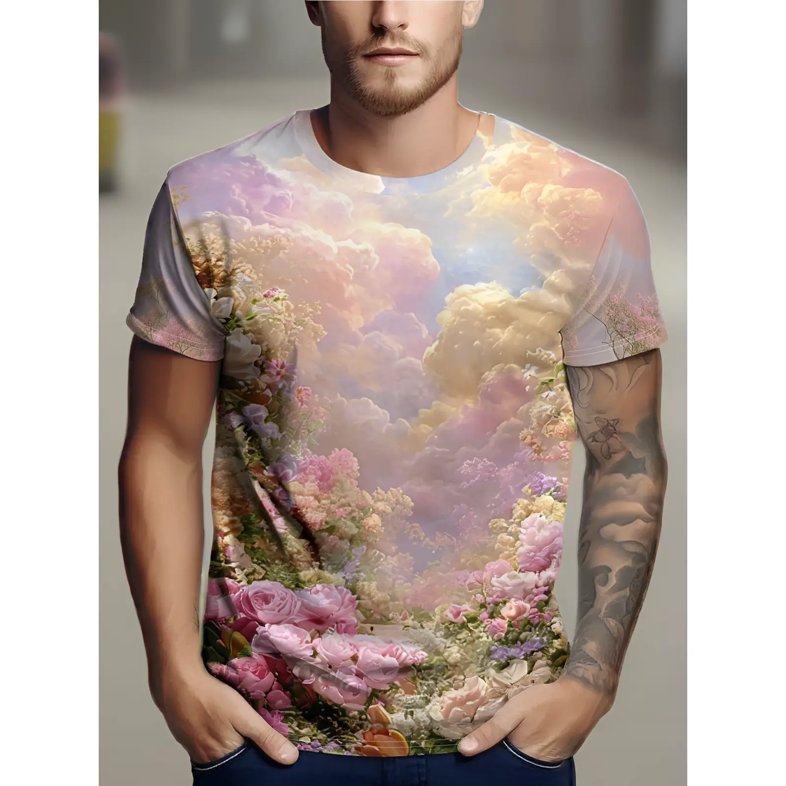 Short-Sleeve T-Shirt, All-Over Print Dreamy Clouds And Colorful Flowers, Soft Romantic Colors, Unique Design