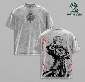 Gilgamesh Fate Series Anime T Shirt Archer King Of Heroes Back Graphic Red Eye Armor Artwork Vintage Washed Oversized Japanese Streetwear Heavyweight Cotton Unisex Manga Tee