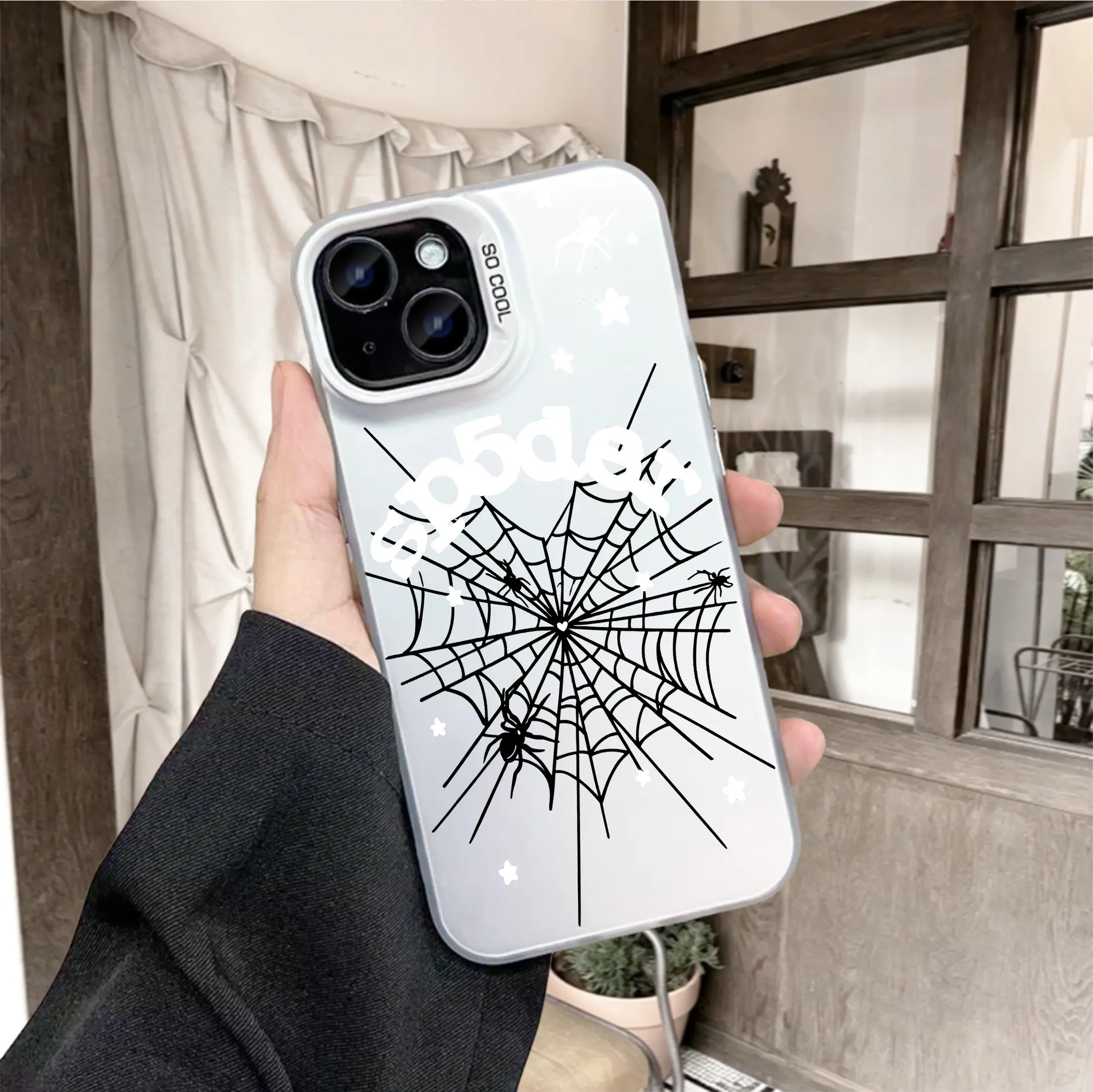 Gothic Y2K Spider Star Web Silver Metallic Hard Shell Phone Case Shockproof Anti Drop Protective Cover For 13 14 15 16 17 Pro Max Series