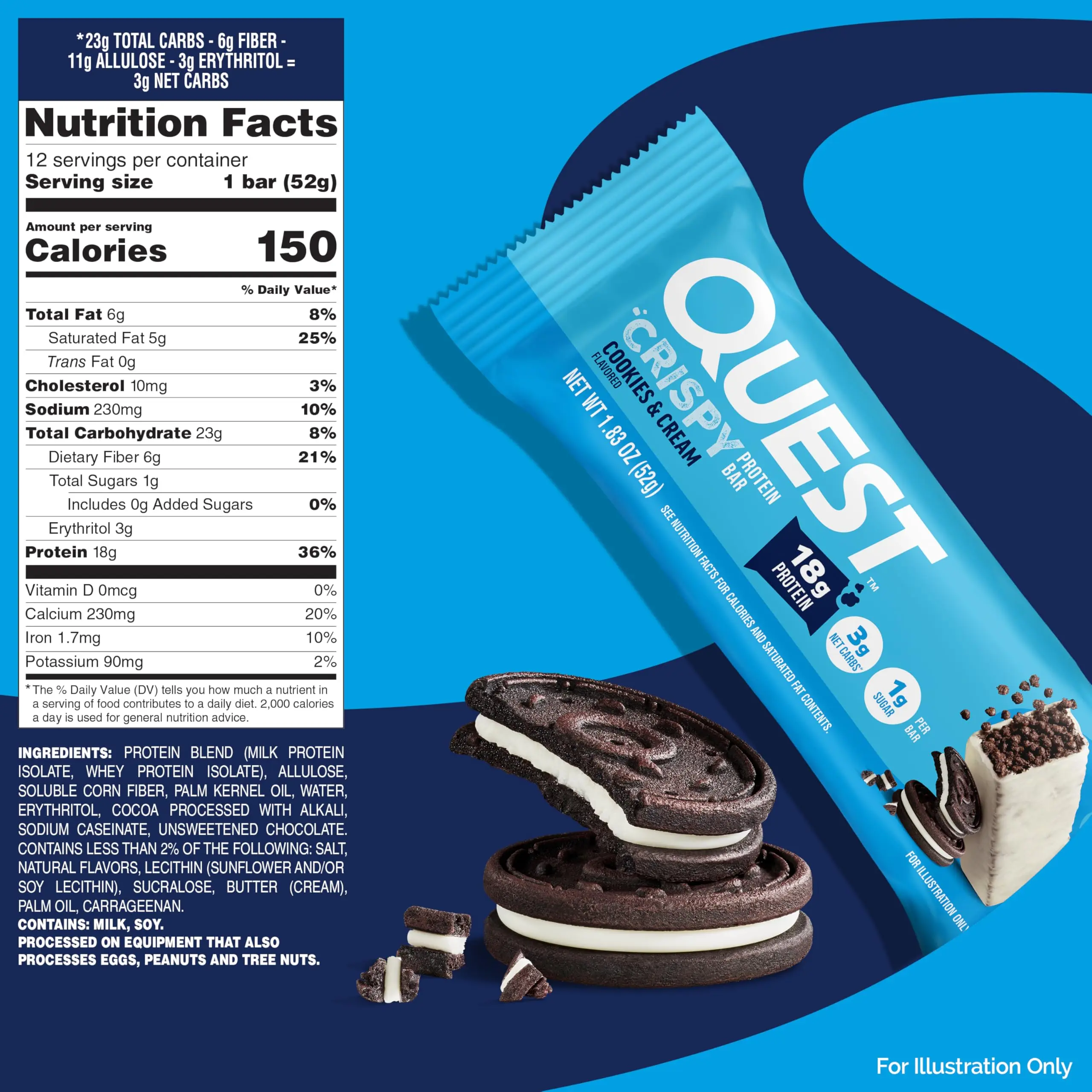 Quest Nutrition Crispy Cookies & Cream Hero Protein Bar, 18g Protein ...